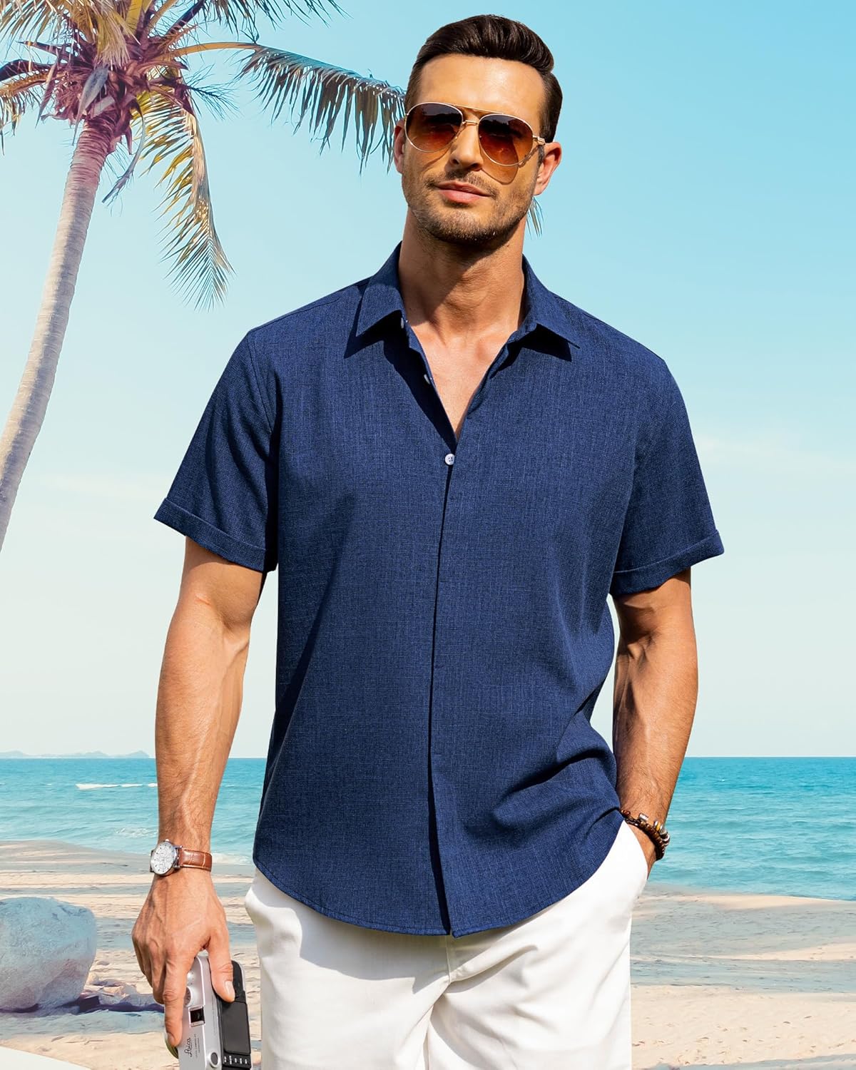 Men's Cotton Linen Short Sleeve Shirts Casual Button Down Shirt for Men Tops - Picture 67 of 124