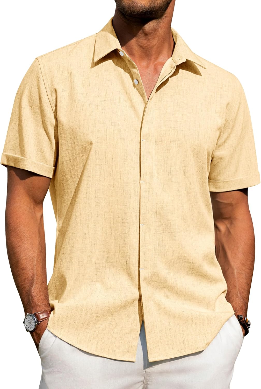 Men's Cotton Linen Short Sleeve Shirts Casual Button Down Shirt for Men Tops - Picture 70 of 124