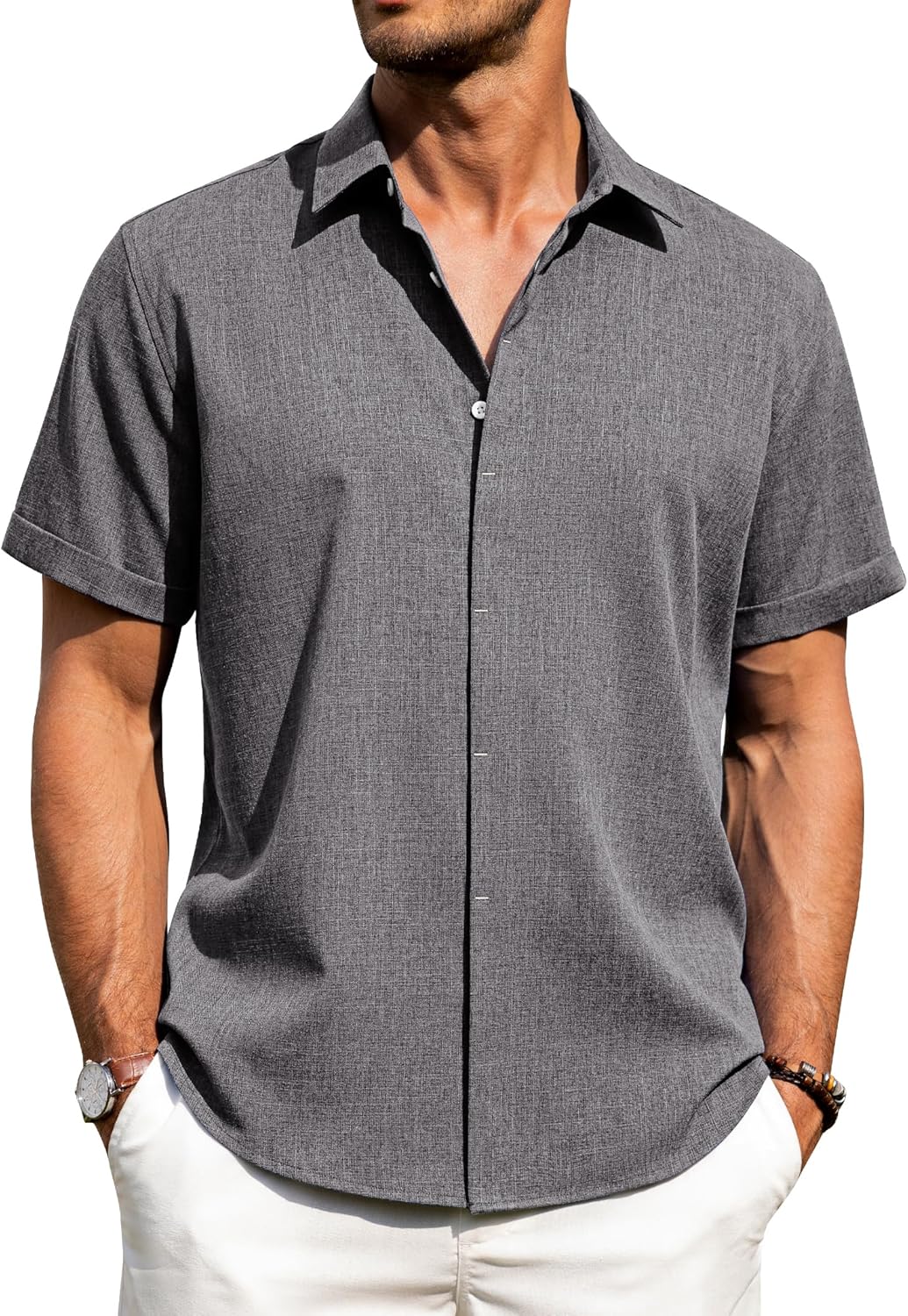 Men's Cotton Linen Short Sleeve Shirts Casual Button Down Shirt for Men Tops - Picture 75 of 124
