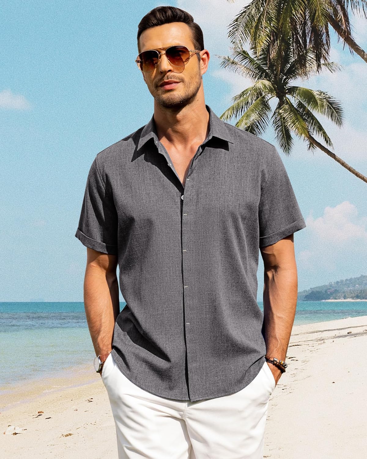 Men's Cotton Linen Short Sleeve Shirts Casual Button Down Shirt for Men Tops - Picture 76 of 124