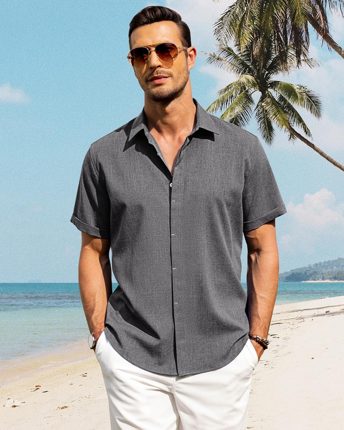 Men's Cotton Linen Short Sleeve Shirts Casual Button Down Shirt for Men Tops - Picture 81 of 124