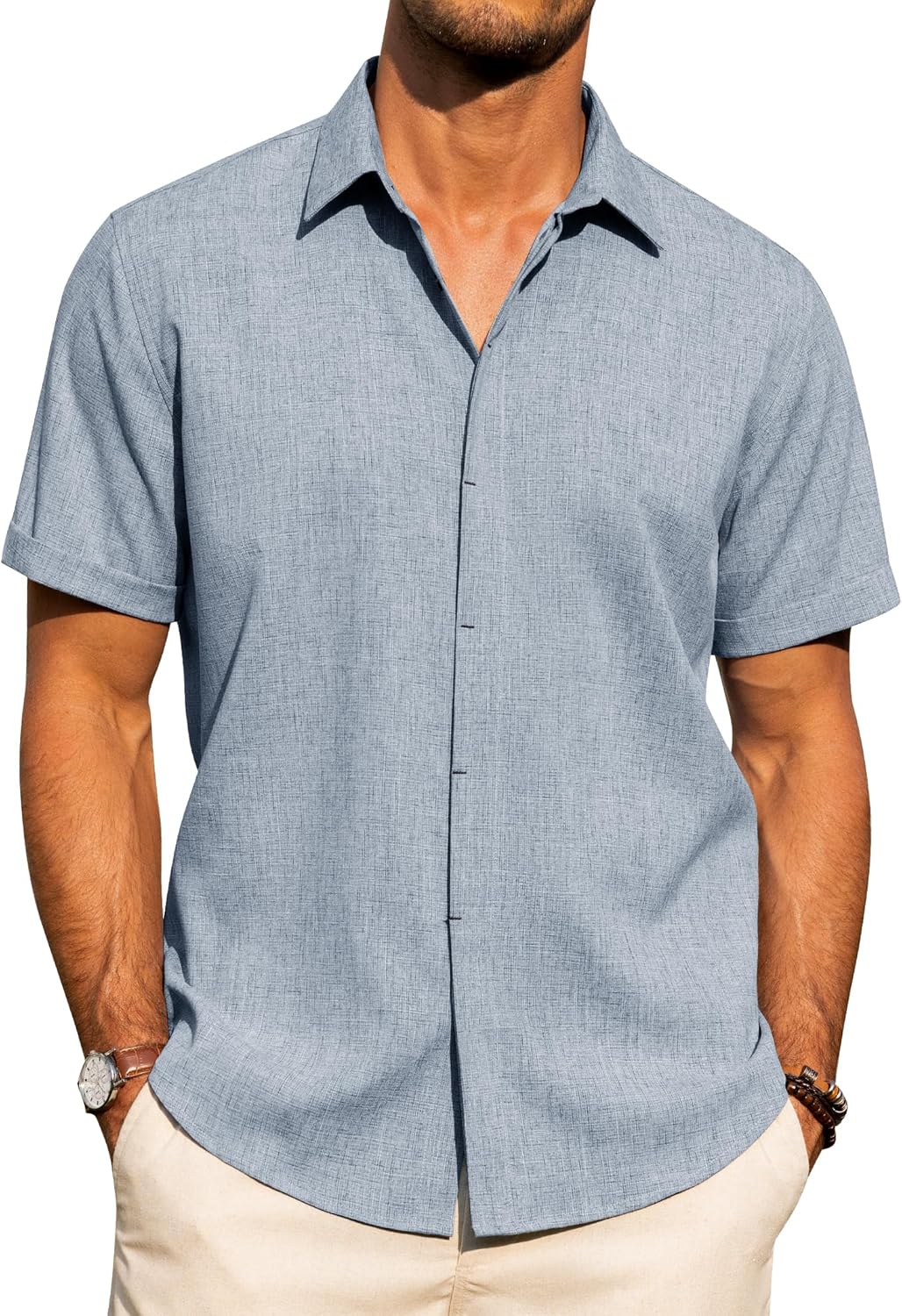 Men's Cotton Linen Short Sleeve Shirts Casual Button Down Shirt for Men Tops - Picture 85 of 124