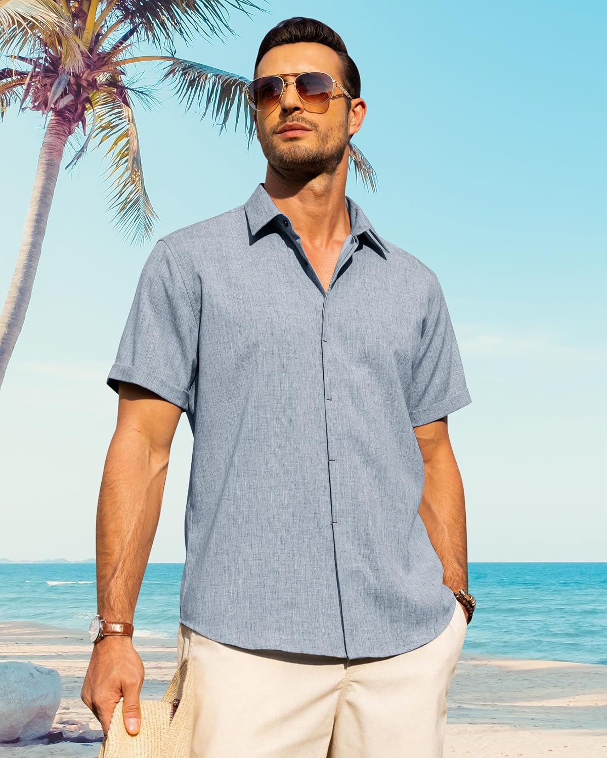 Men's Cotton Linen Short Sleeve Shirts Casual Button Down Shirt for Men Tops - Picture 86 of 124