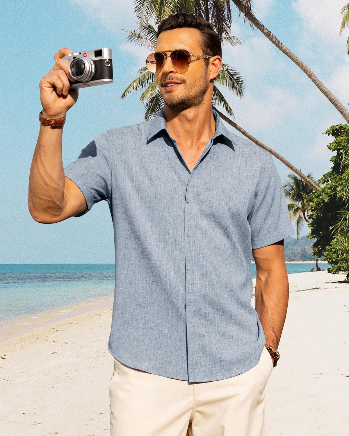 Men's Cotton Linen Short Sleeve Shirts Casual Button Down Shirt for Men Tops - Picture 87 of 124