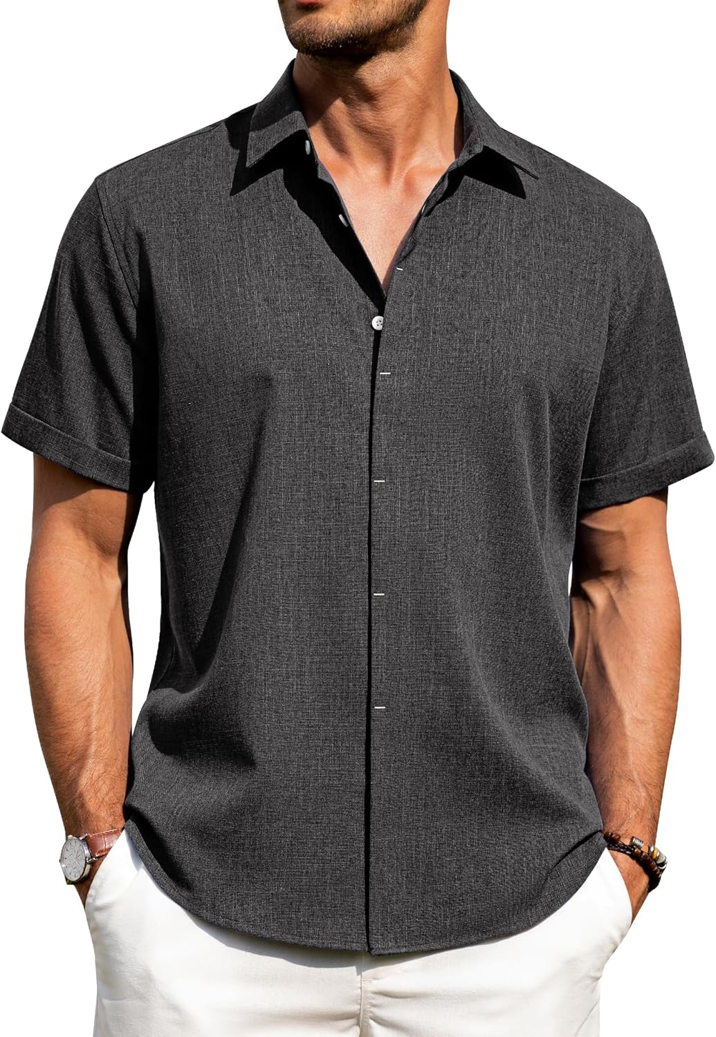 Men's Cotton Linen Short Sleeve Shirts Casual Button Down Shirt for Men Tops - Picture 90 of 124