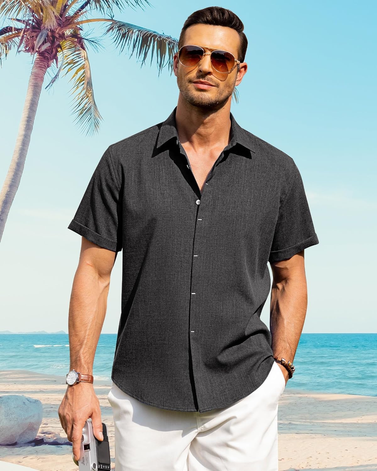 Men's Cotton Linen Short Sleeve Shirts Casual Button Down Shirt for Men Tops - Picture 92 of 124