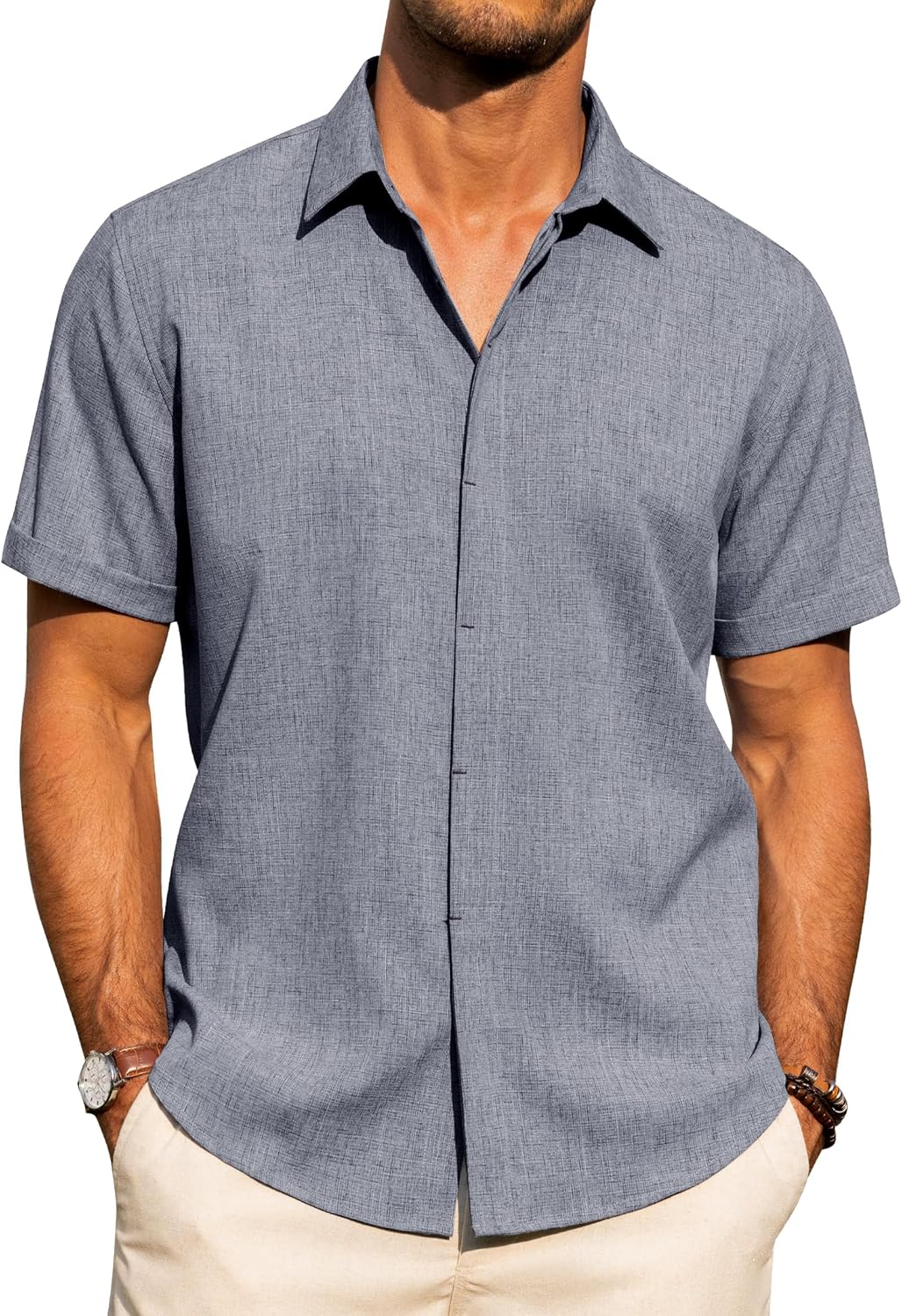 Men's Cotton Linen Short Sleeve Shirts Casual Button Down Shirt for Men Tops - Picture 95 of 124