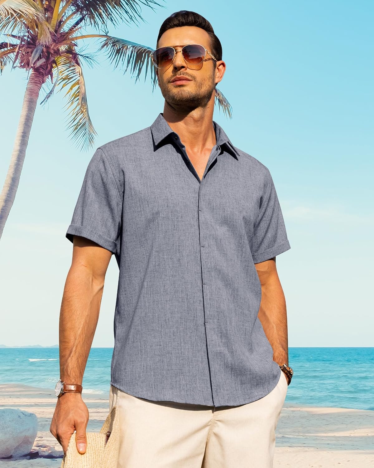 Men's Cotton Linen Short Sleeve Shirts Casual Button Down Shirt for Men Tops - Picture 96 of 124