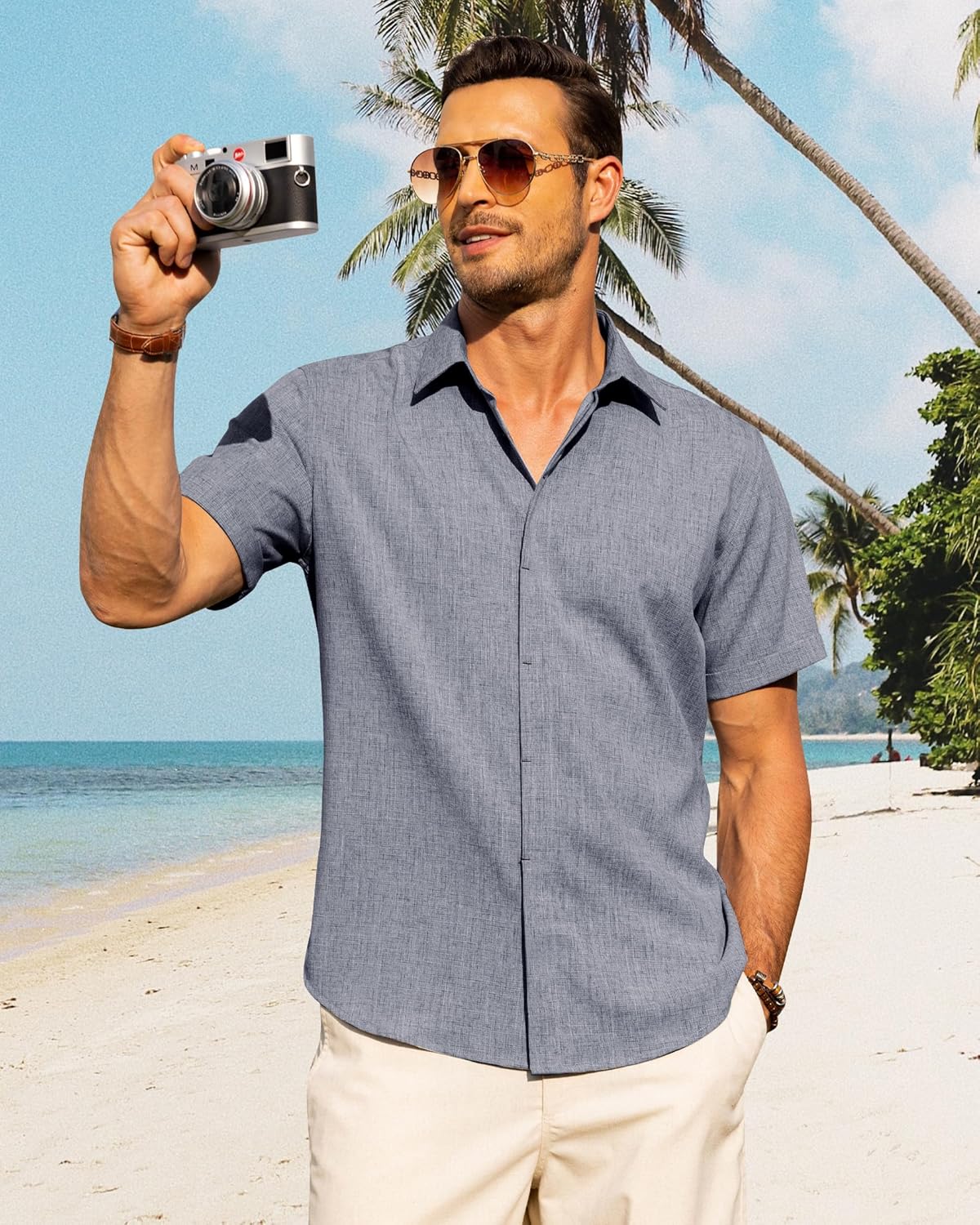 Men's Cotton Linen Short Sleeve Shirts Casual Button Down Shirt for Men Tops - Picture 97 of 124