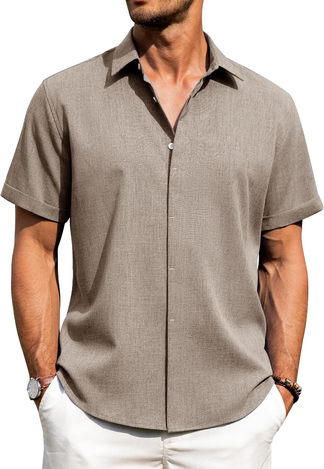 Men's Cotton Linen Short Sleeve Shirts Casual Button Down Shirt for Men Tops - Picture 100 of 124