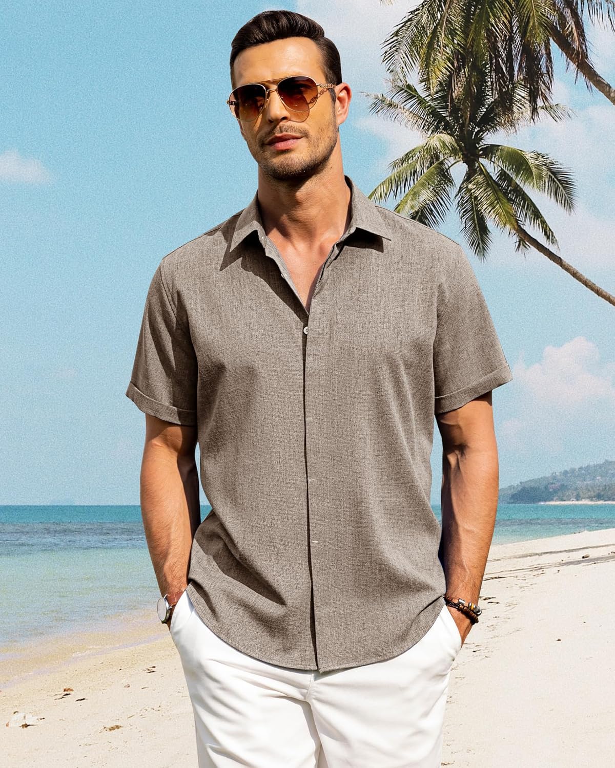 Men's Cotton Linen Short Sleeve Shirts Casual Button Down Shirt for Men Tops - Picture 101 of 124