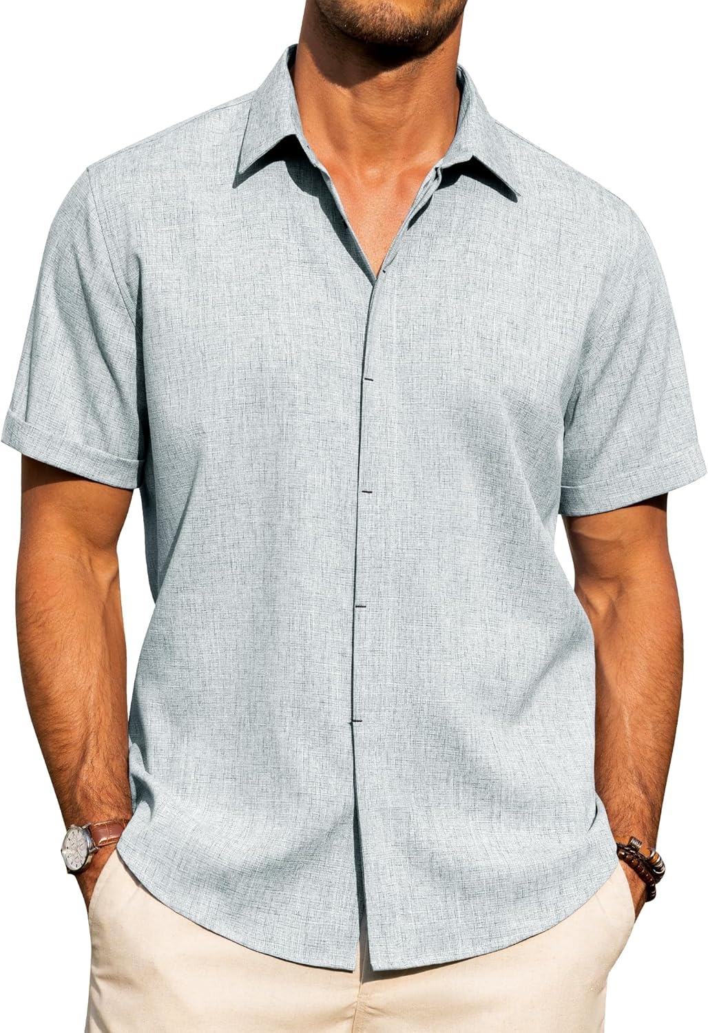 Men's Cotton Linen Short Sleeve Shirts Casual Button Down Shirt for Men Tops - Picture 105 of 124