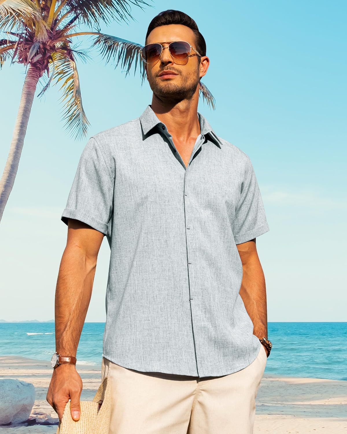 Men's Cotton Linen Short Sleeve Shirts Casual Button Down Shirt for Men Tops - Picture 106 of 124