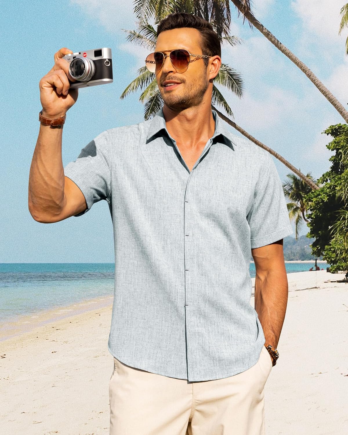 Men's Cotton Linen Short Sleeve Shirts Casual Button Down Shirt for Men Tops - Picture 107 of 124