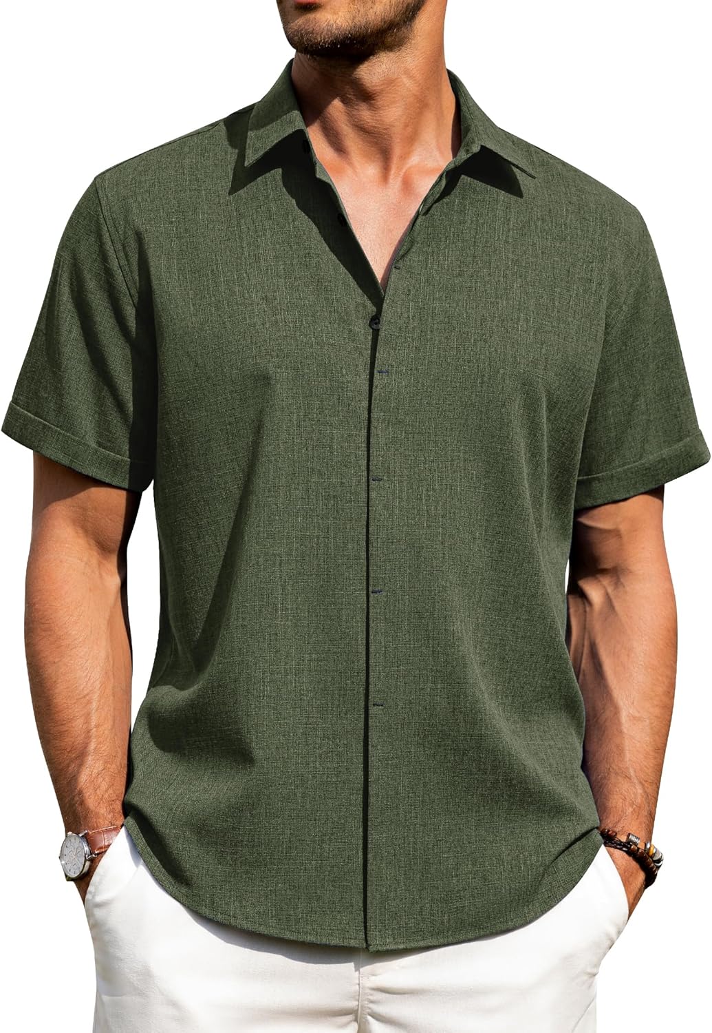 Men's Cotton Linen Short Sleeve Shirts Casual Button Down Shirt for Men Tops - Picture 115 of 124