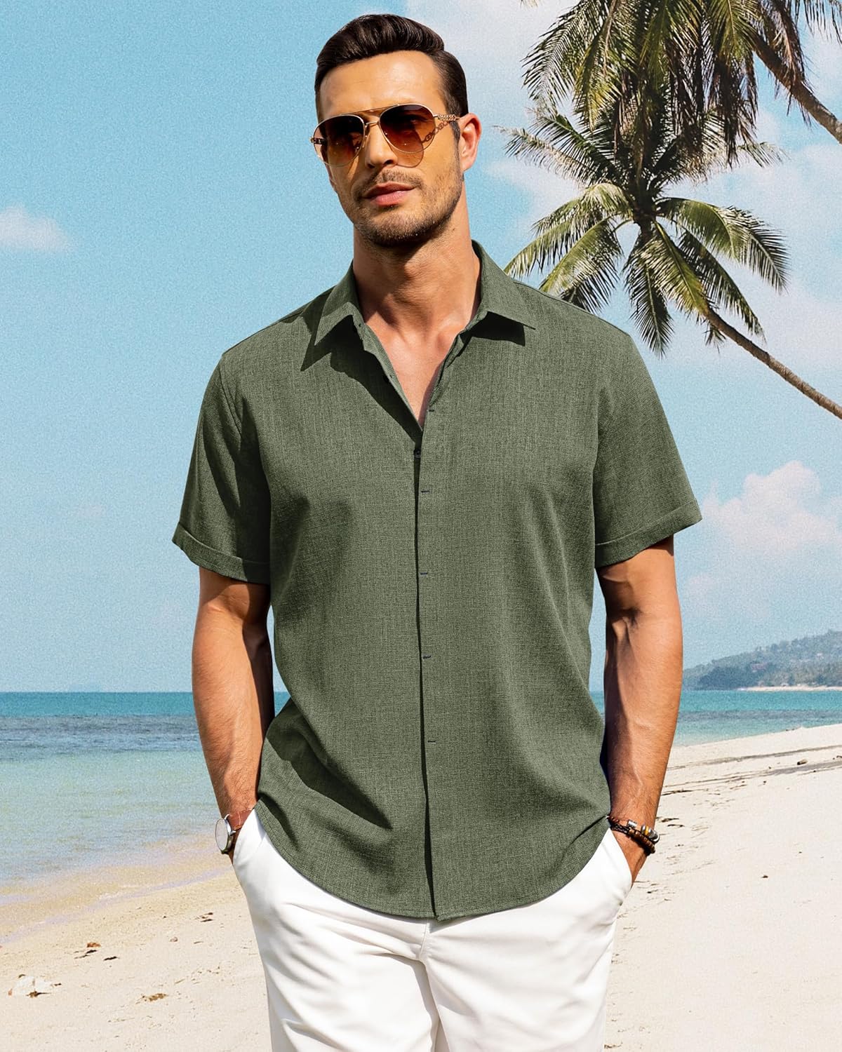 Men's Cotton Linen Short Sleeve Shirts Casual Button Down Shirt for Men Tops - Picture 116 of 124
