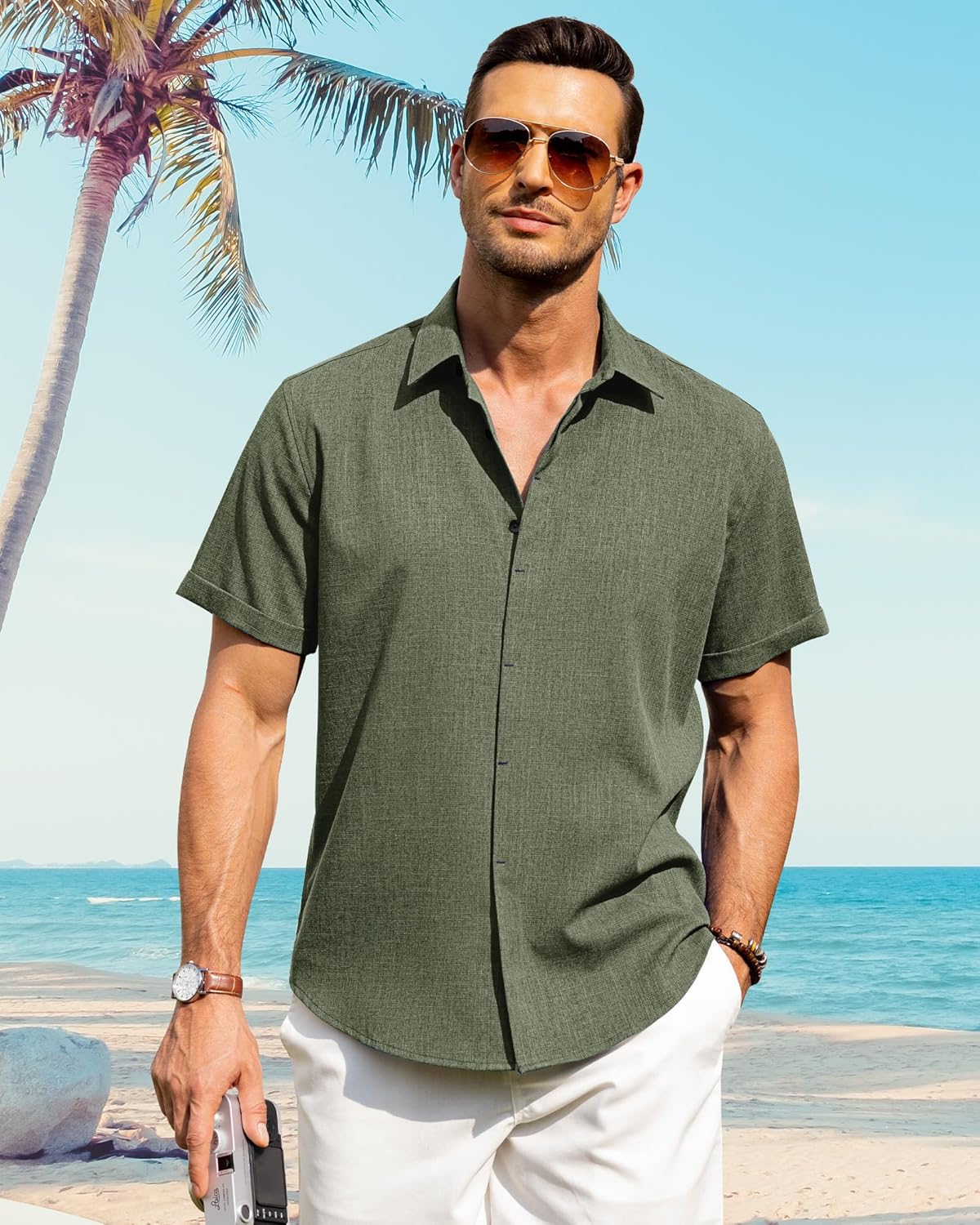 Men's Cotton Linen Short Sleeve Shirts Casual Button Down Shirt for Men Tops - Picture 117 of 124