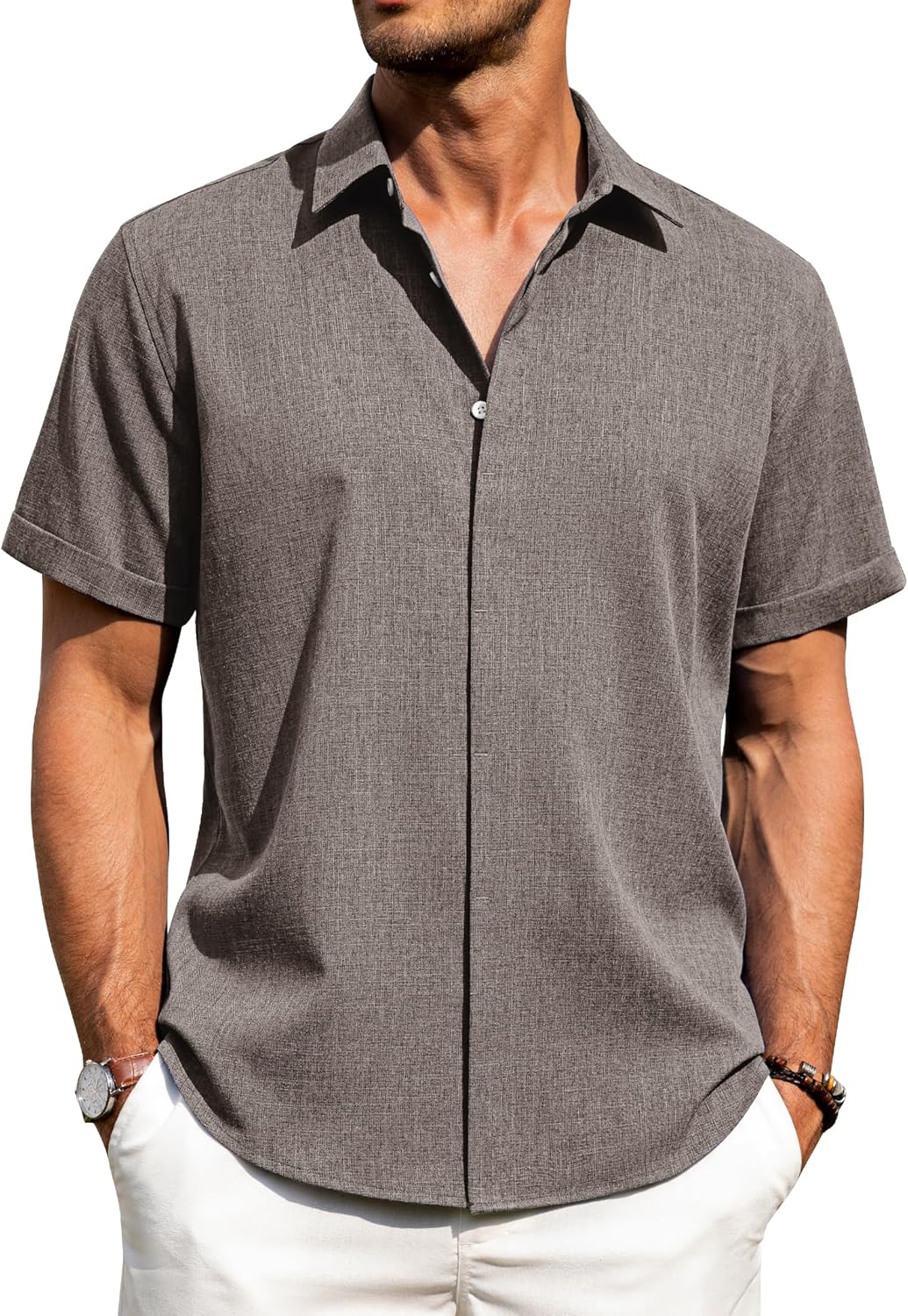 Men's Cotton Linen Short Sleeve Shirts Casual Button Down Shirt for Men Tops - Picture 120 of 124