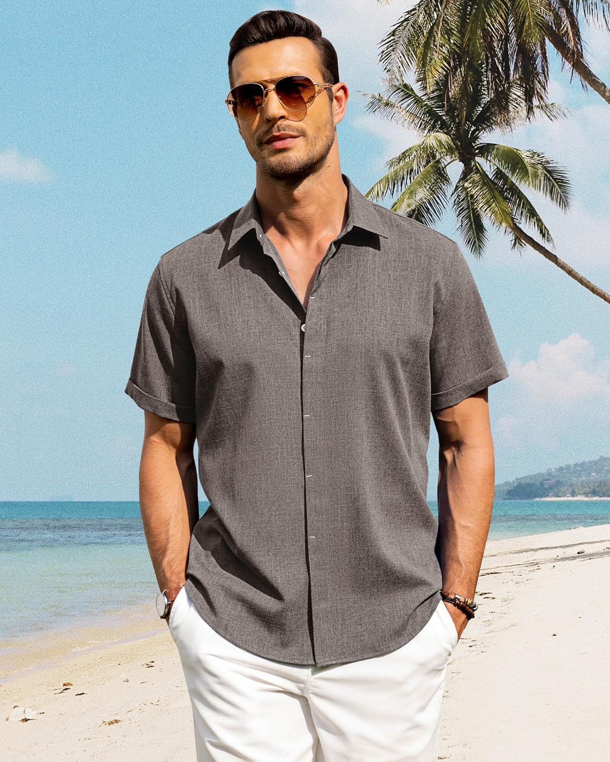 Men's Cotton Linen Short Sleeve Shirts Casual Button Down Shirt for Men Tops - Picture 121 of 124