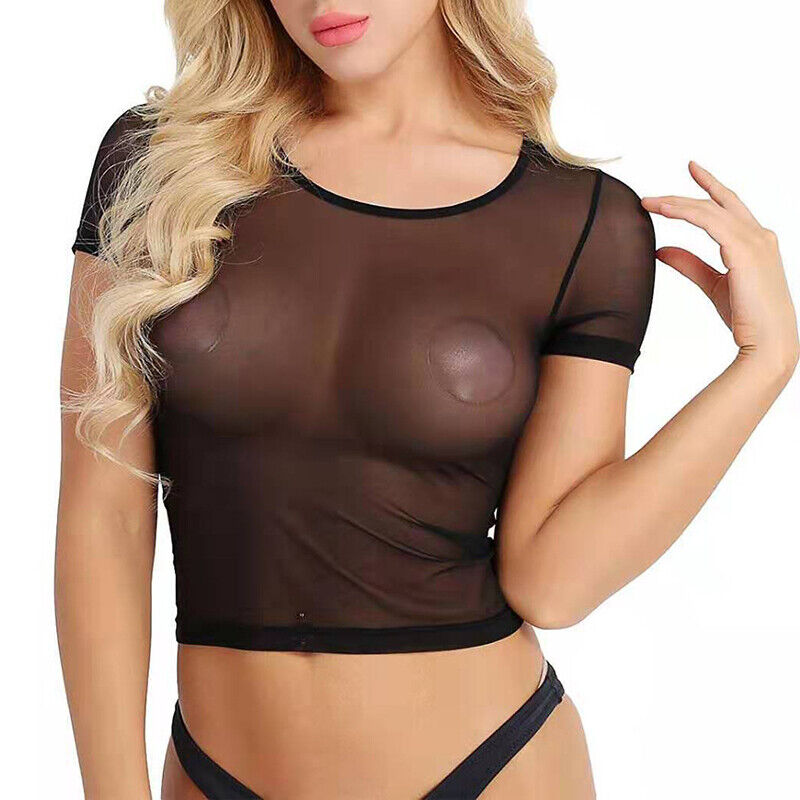 Canotta canotta crop top maglia trasparente nuova sexy donna trasparente TShirt blusa maglietta plus - Foto 12 di 13