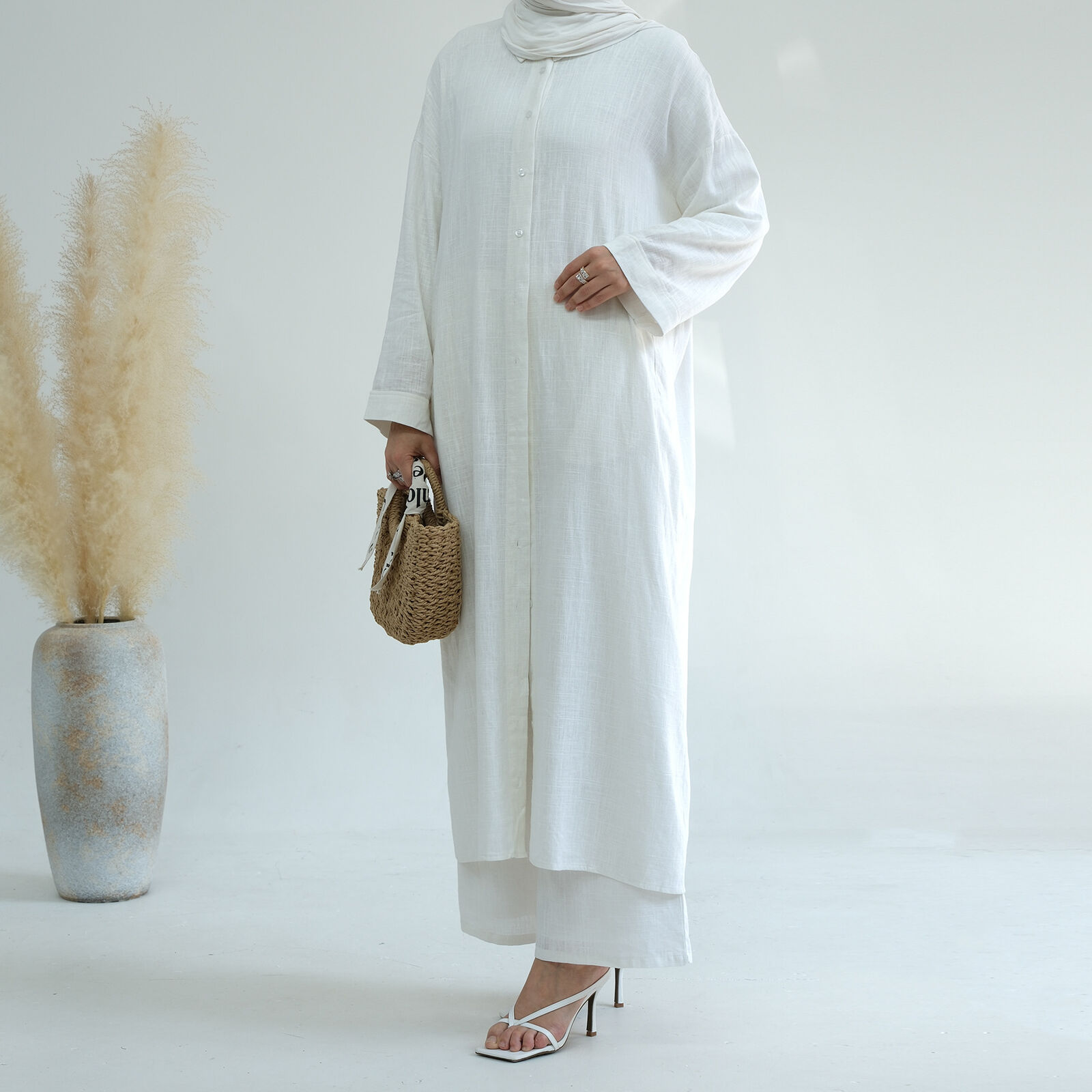 Two Piece Women Shirt Buttons Dress Wide Leg Pants Set Muslim Outfits Islamic - Picture 21 of 23