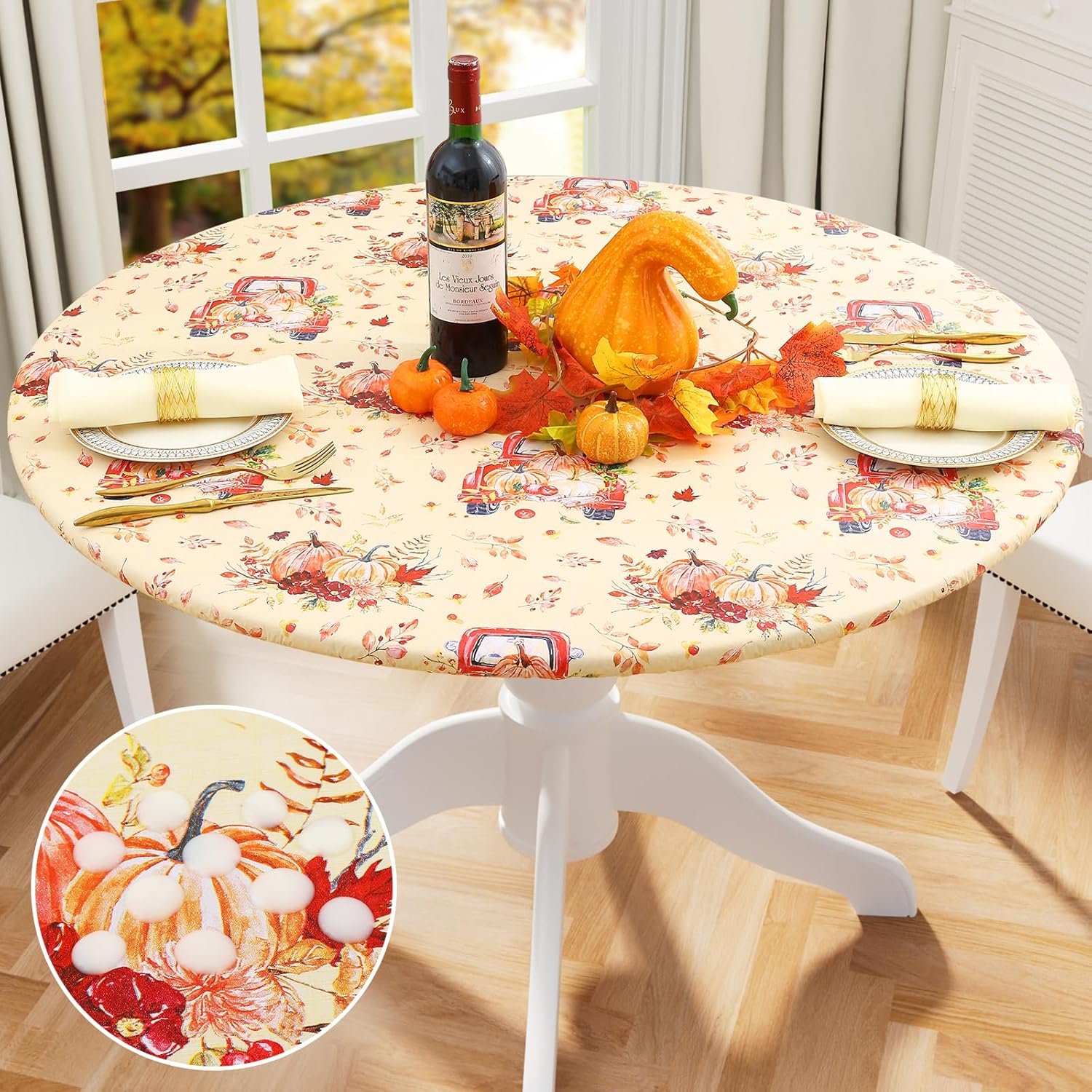 Round Fitted Tablecloth Elastic Edge Waterproof Oil Proof Plastic Table Cover - Picture 35 of 270