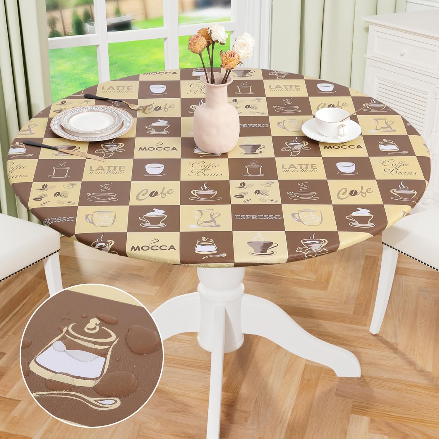Round Fitted Tablecloth Elastic Edge Waterproof Oil Proof Plastic Table Cover - Picture 41 of 270