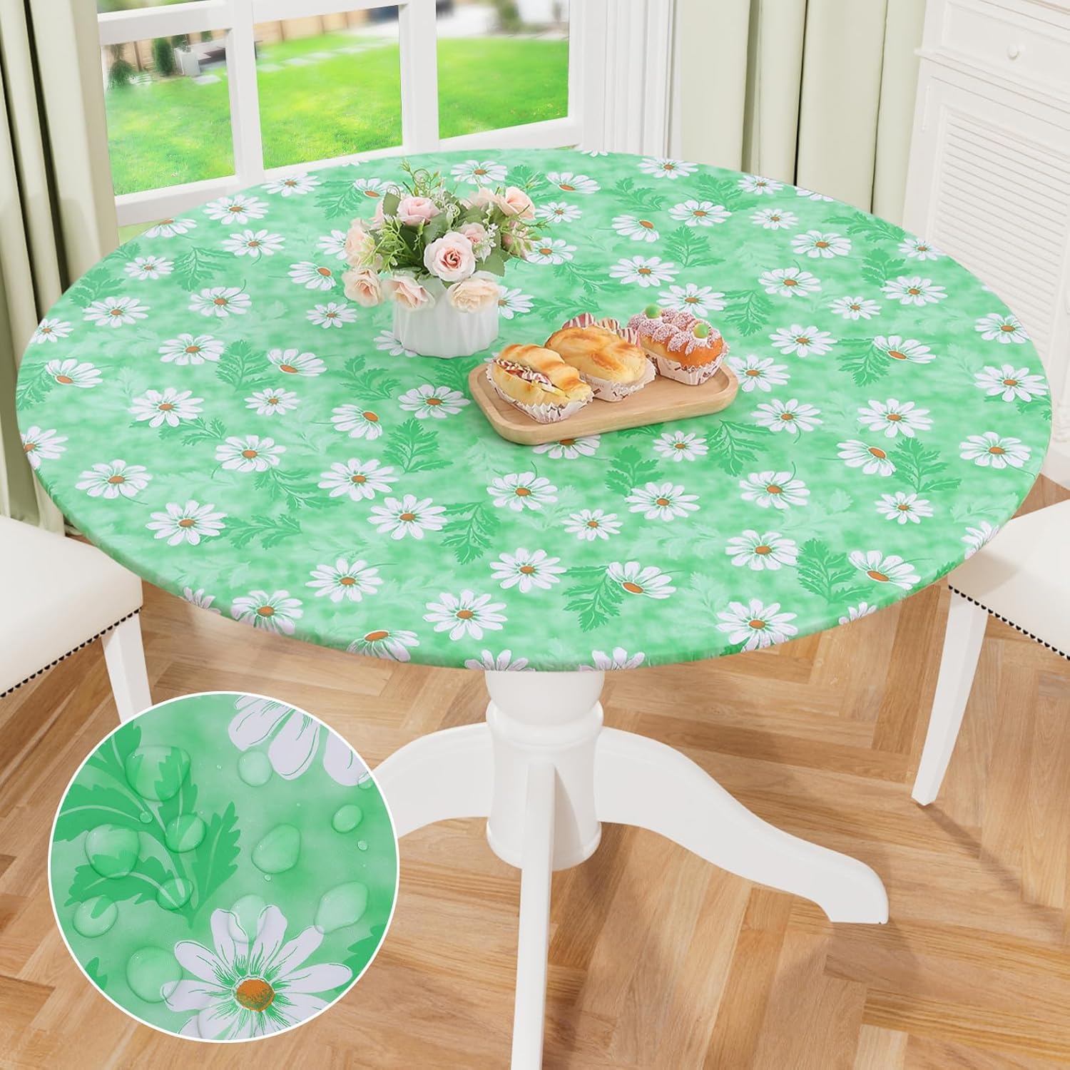 Round Fitted Tablecloth Elastic Edge Waterproof Oil Proof Plastic Table Cover - Picture 50 of 270