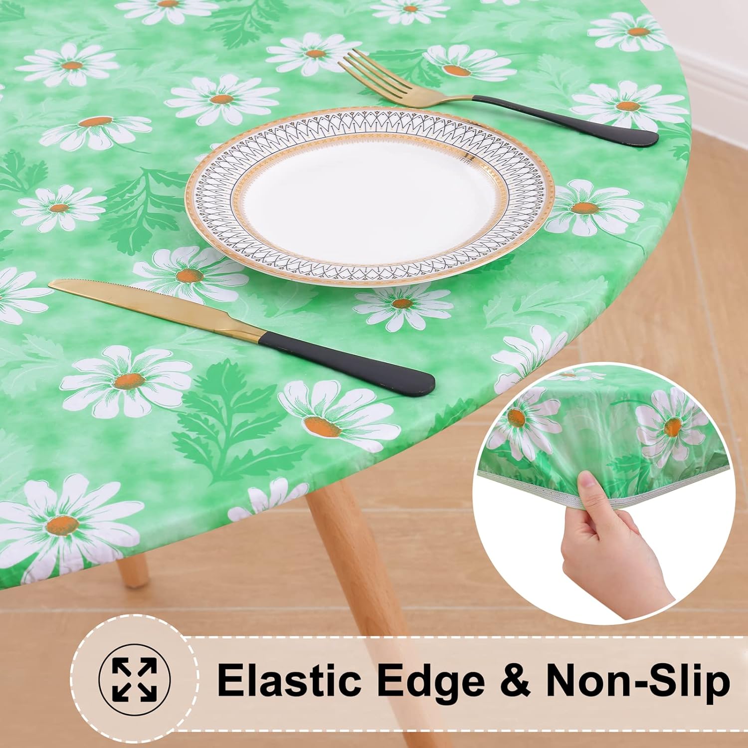 Round Fitted Tablecloth Elastic Edge Waterproof Oil Proof Plastic Table Cover - Picture 51 of 270