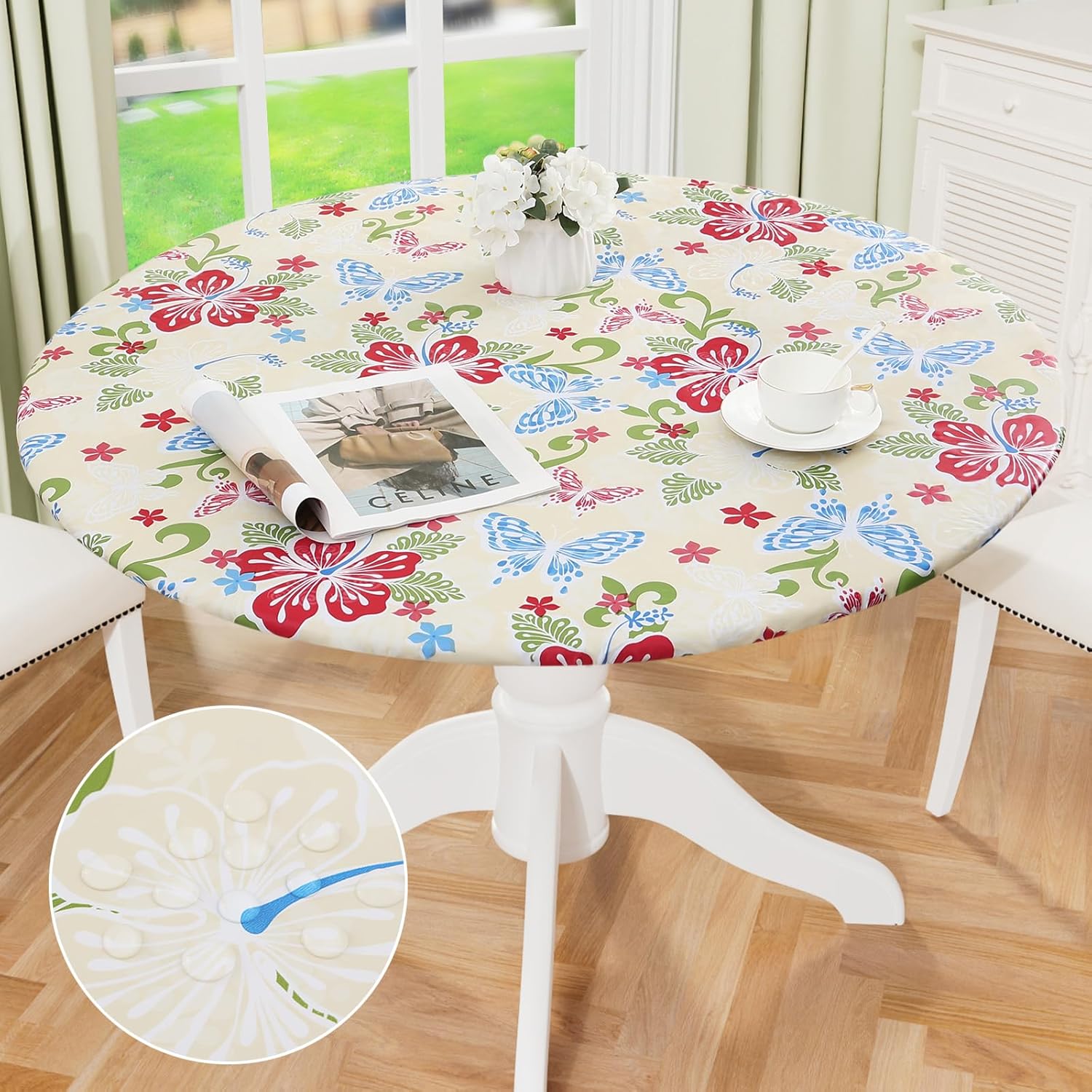 Round Fitted Tablecloth Elastic Edge Waterproof Oil Proof Plastic Table Cover - Picture 79 of 270