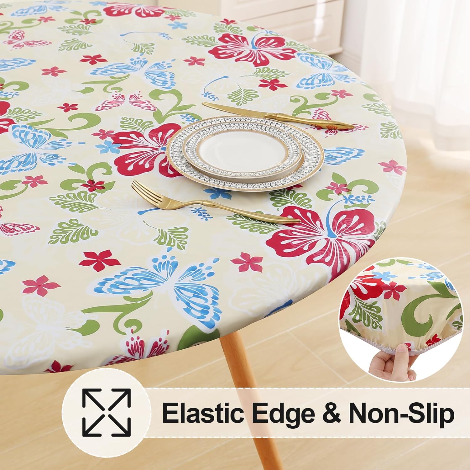 Round Fitted Tablecloth Elastic Edge Waterproof Oil Proof Plastic Table Cover - Picture 80 of 270