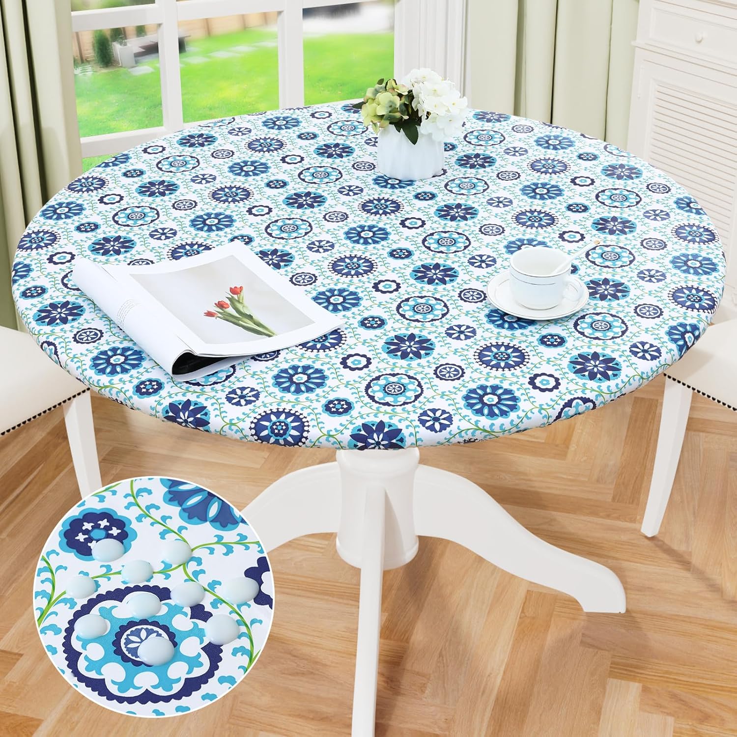 Round Fitted Tablecloth Elastic Edge Waterproof Oil Proof Plastic Table Cover - Picture 98 of 270