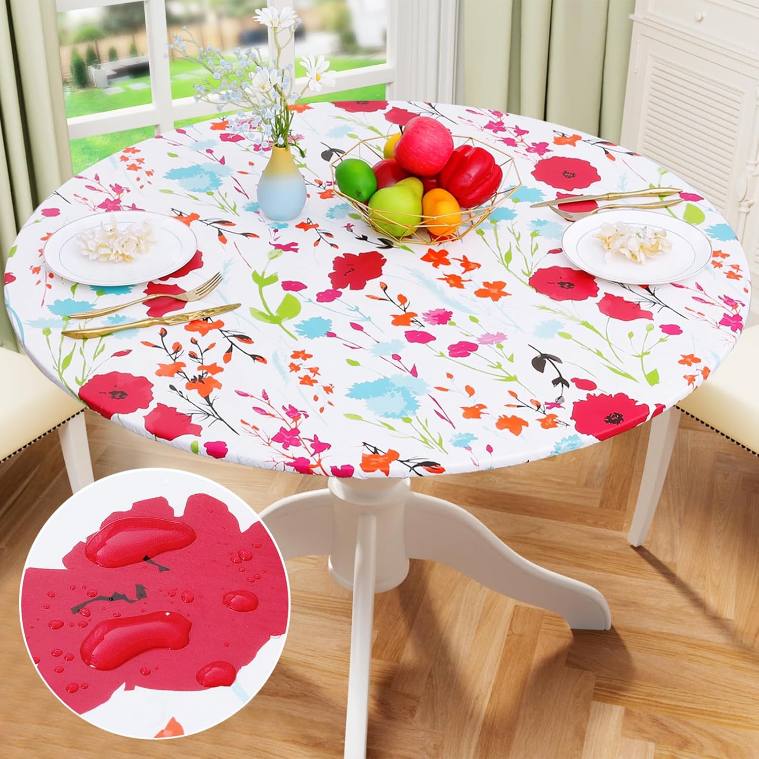 Round Fitted Tablecloth Elastic Edge Waterproof Oil Proof Plastic Table Cover - Picture 99 of 270