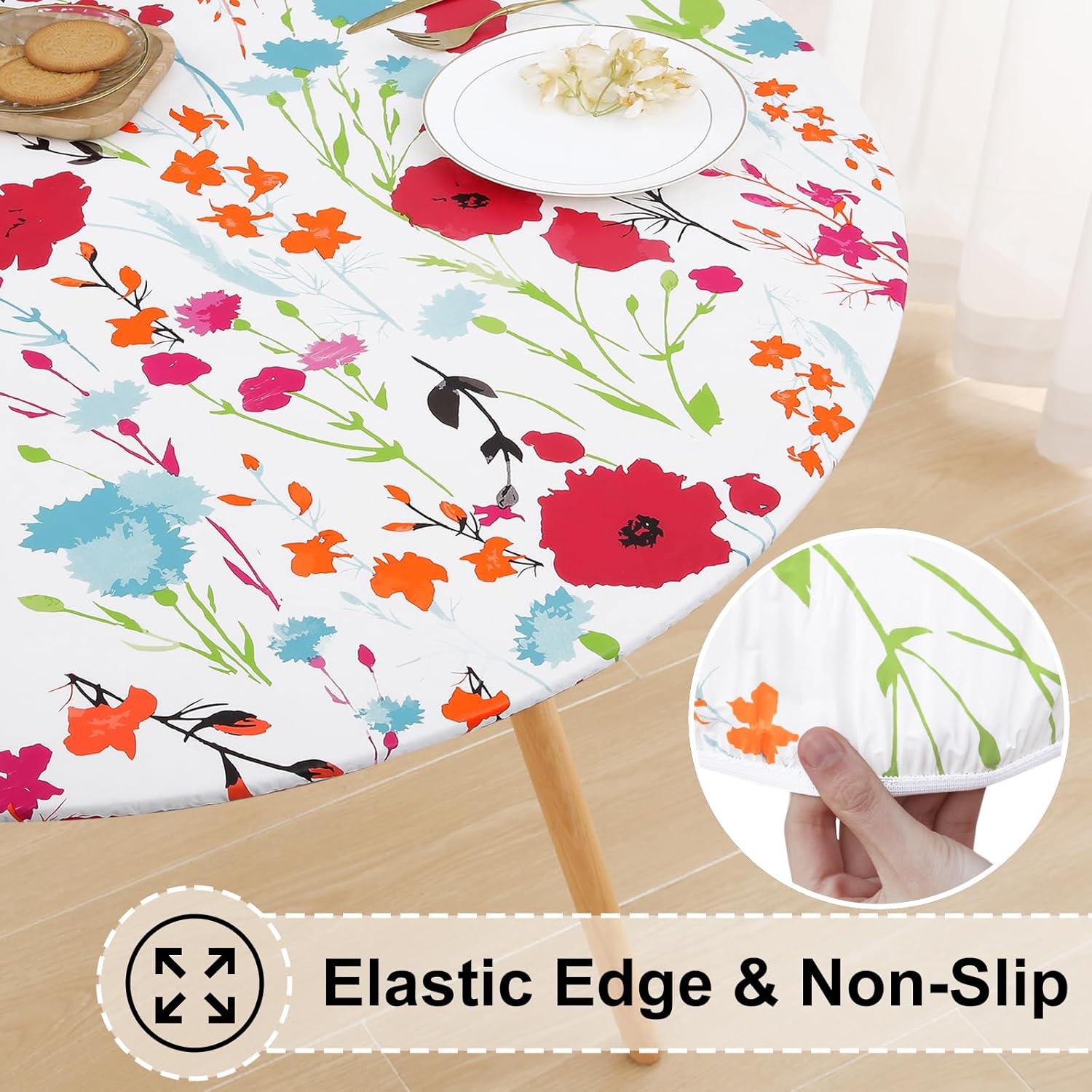 Round Fitted Tablecloth Elastic Edge Waterproof Oil Proof Plastic Table Cover - Picture 100 of 270
