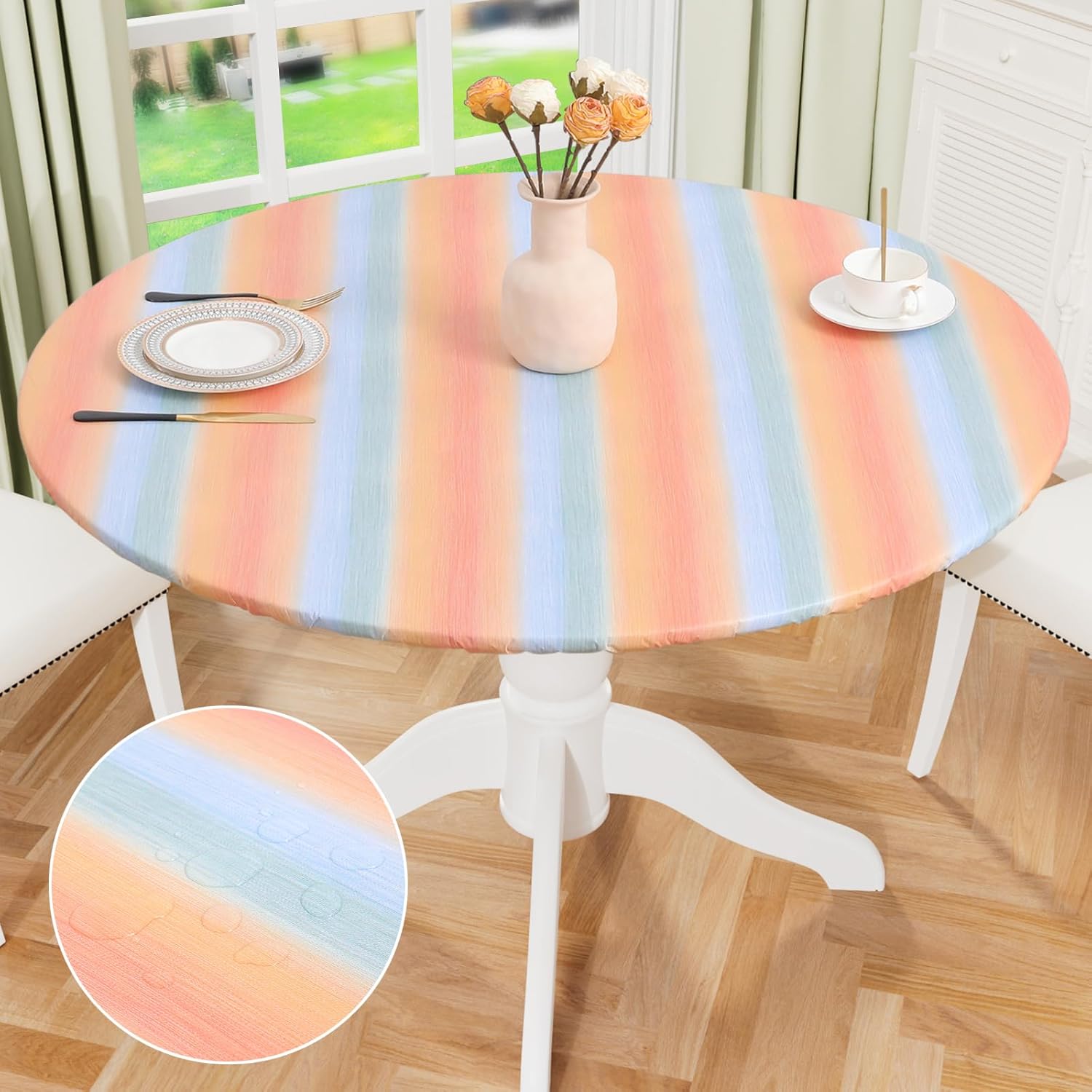 Round Fitted Tablecloth Elastic Edge Waterproof Oil Proof Plastic Table Cover - Picture 111 of 270