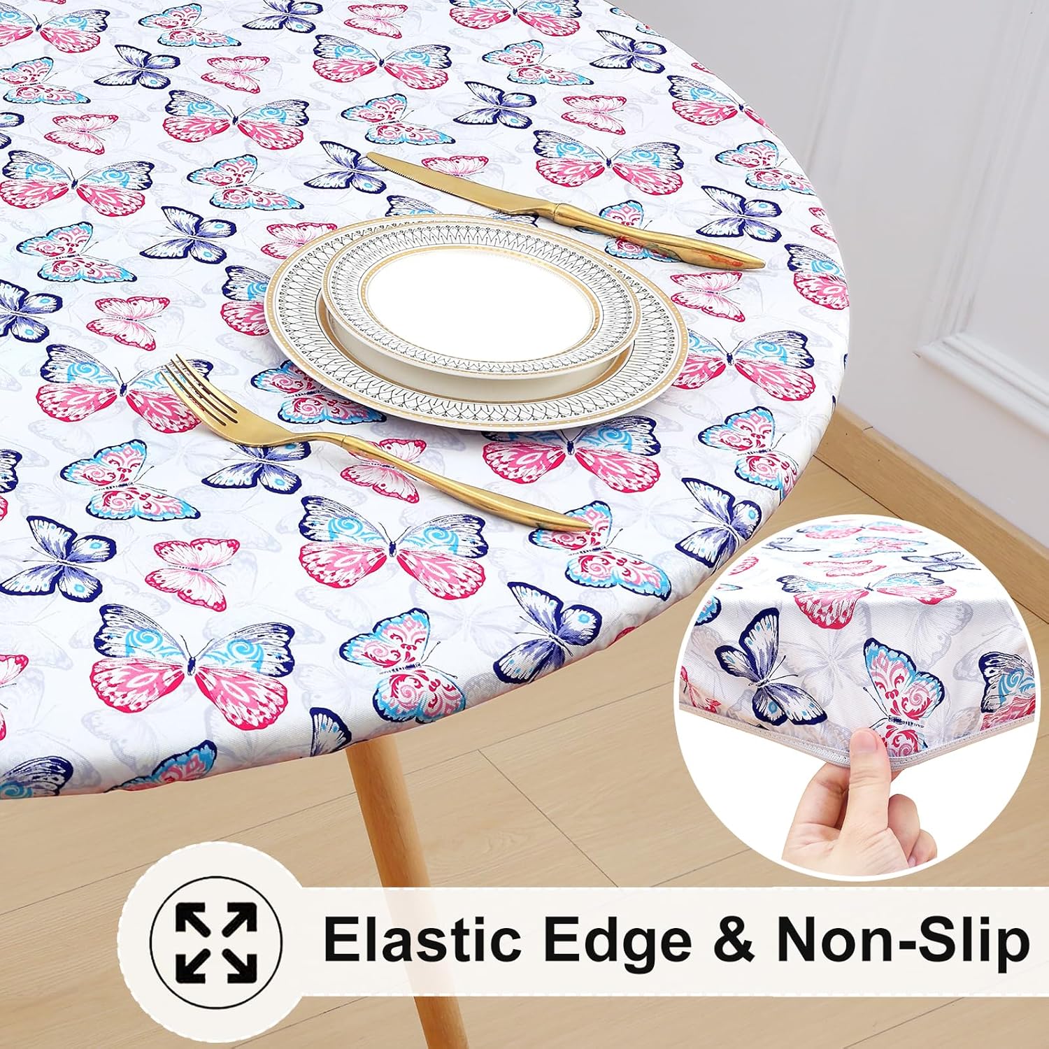 Round Fitted Tablecloth Elastic Edge Waterproof Oil Proof Plastic Table Cover - Picture 120 of 270