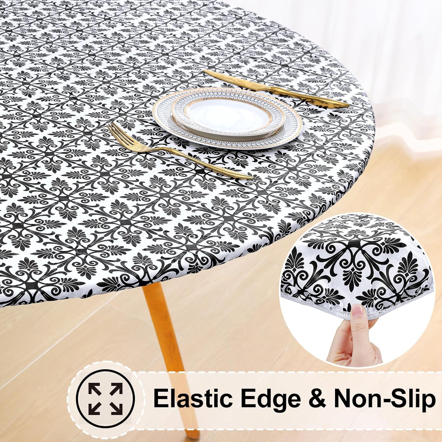 Round Fitted Tablecloth Elastic Edge Waterproof Oil Proof Plastic Table Cover - Picture 128 of 270