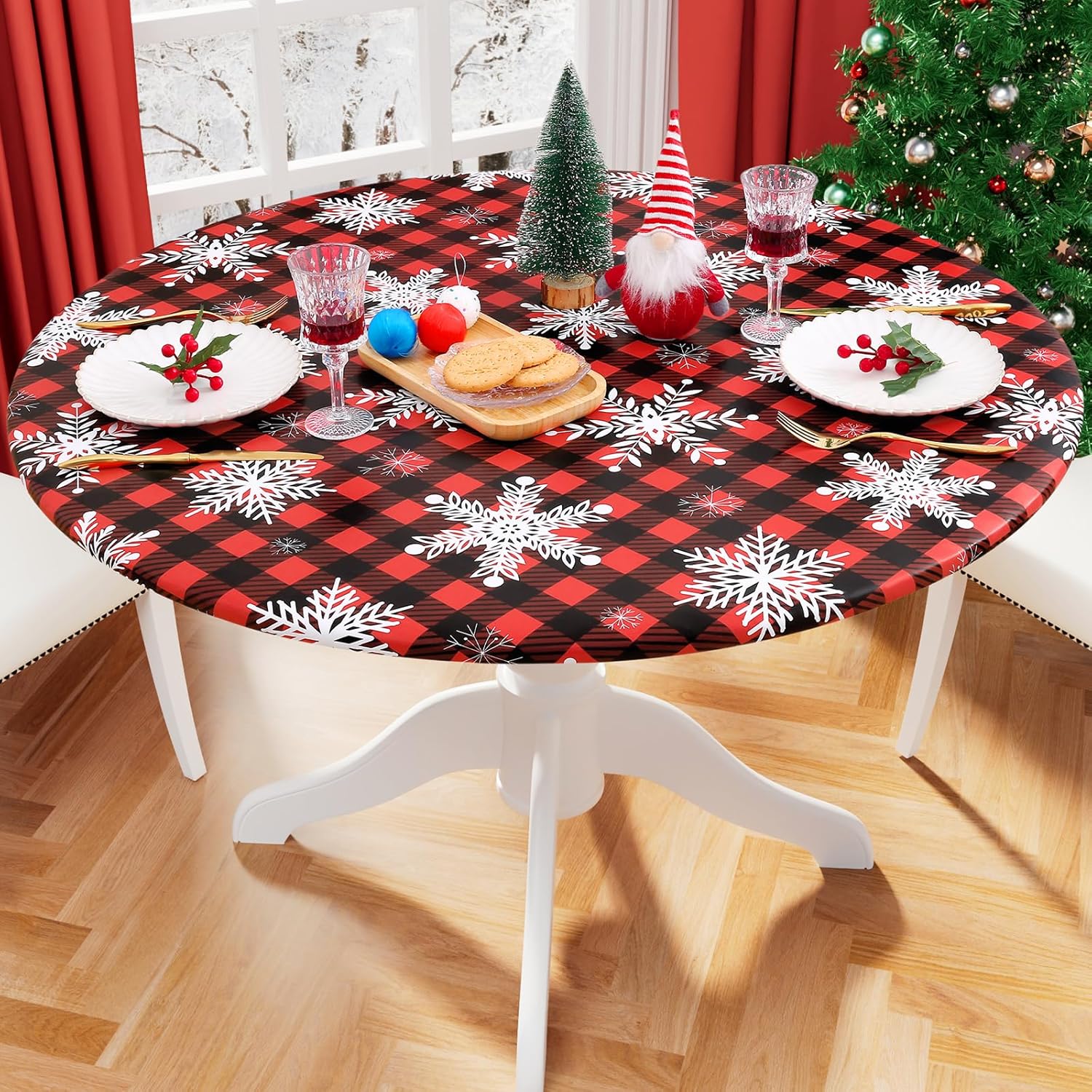 Round Fitted Tablecloth Elastic Edge Waterproof Oil Proof Plastic Table Cover - Picture 145 of 270
