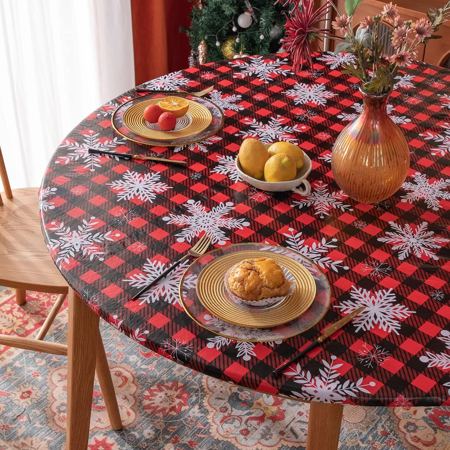 Round Fitted Tablecloth Elastic Edge Waterproof Oil Proof Plastic Table Cover - Picture 152 of 270
