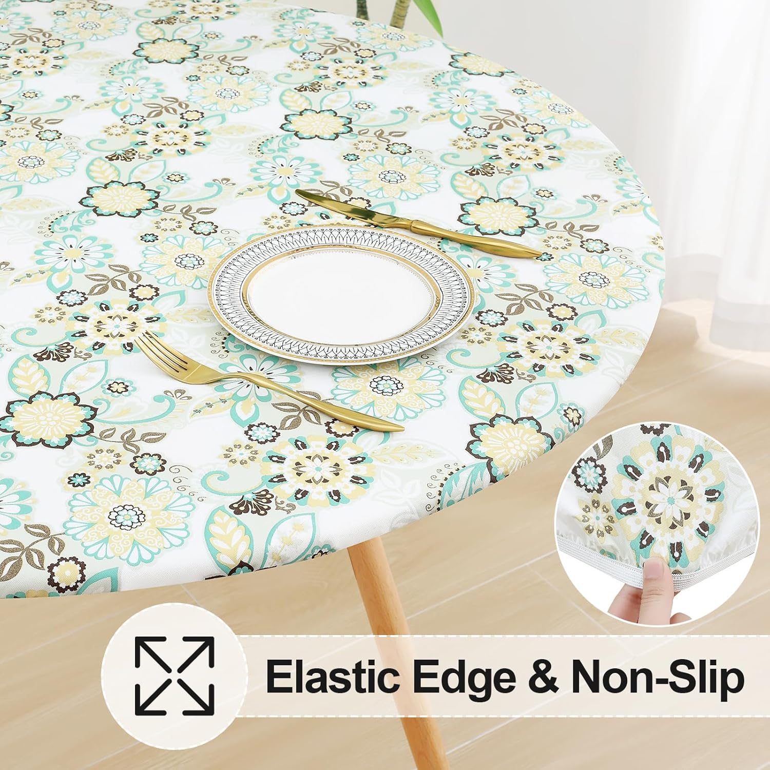 Round Fitted Tablecloth Elastic Edge Waterproof Oil Proof Plastic Table Cover - Picture 182 of 270