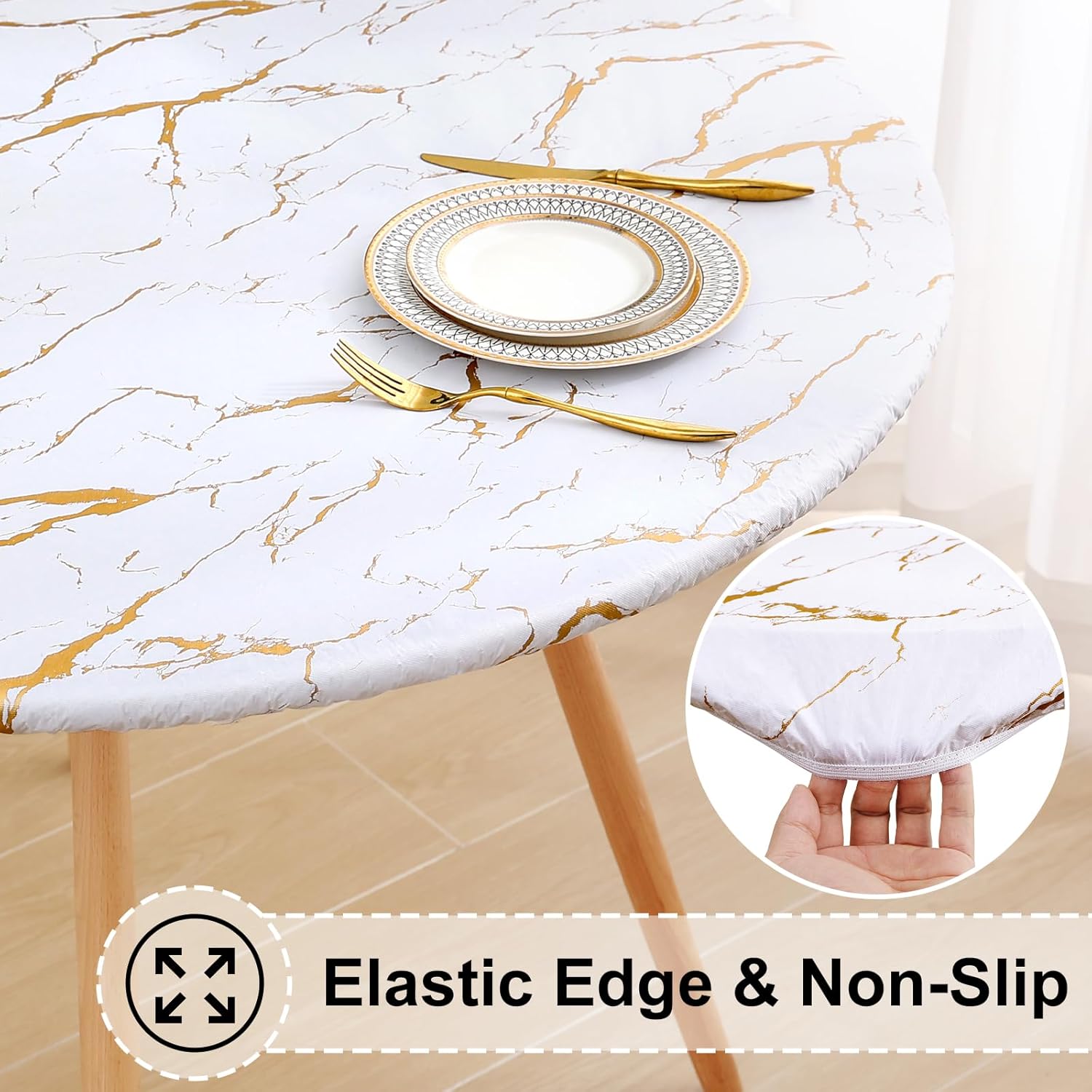 Round Fitted Tablecloth Elastic Edge Waterproof Oil Proof Plastic Table Cover - Picture 194 of 270