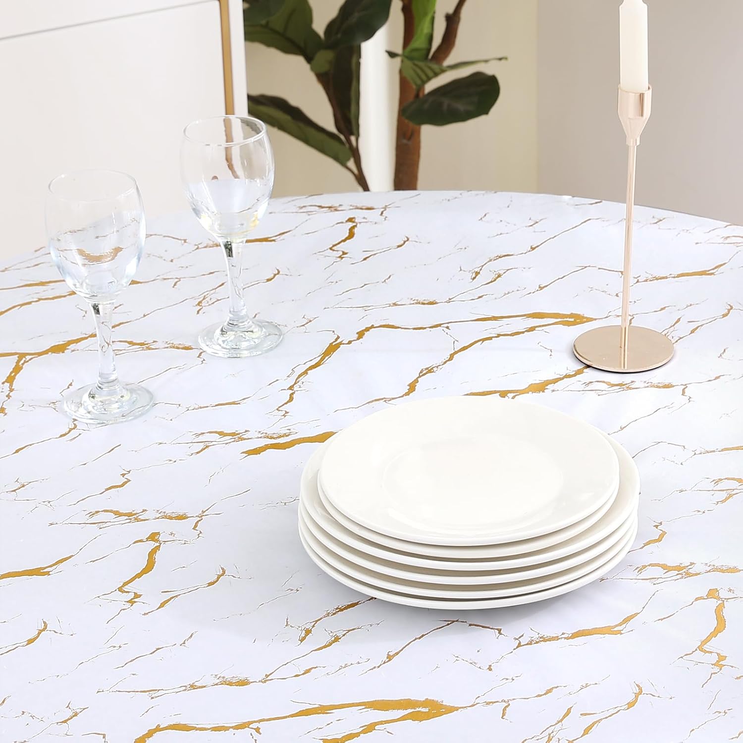 Round Fitted Tablecloth Elastic Edge Waterproof Oil Proof Plastic Table Cover - Picture 201 of 270