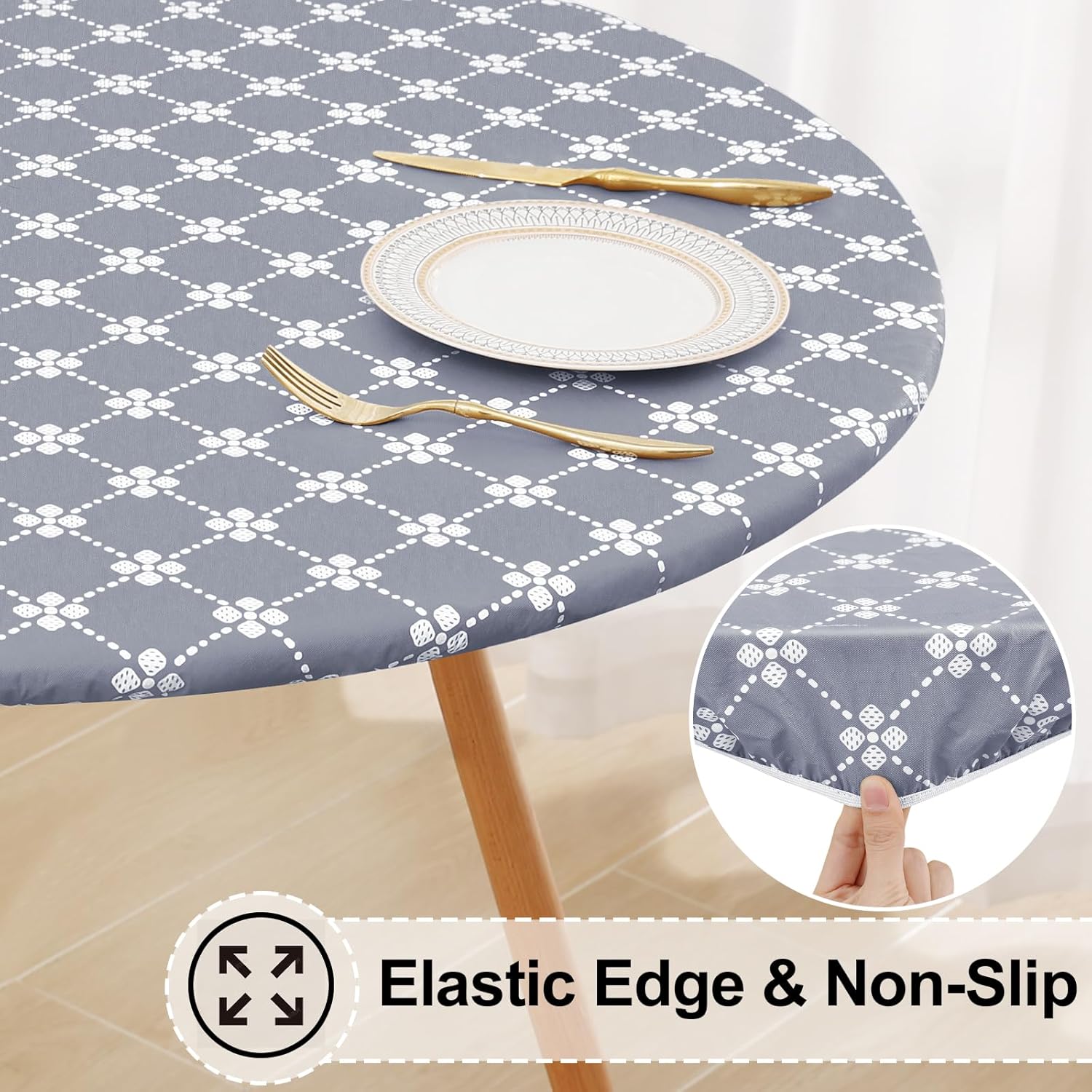 Round Fitted Tablecloth Elastic Edge Waterproof Oil Proof Plastic Table Cover - Picture 204 of 270