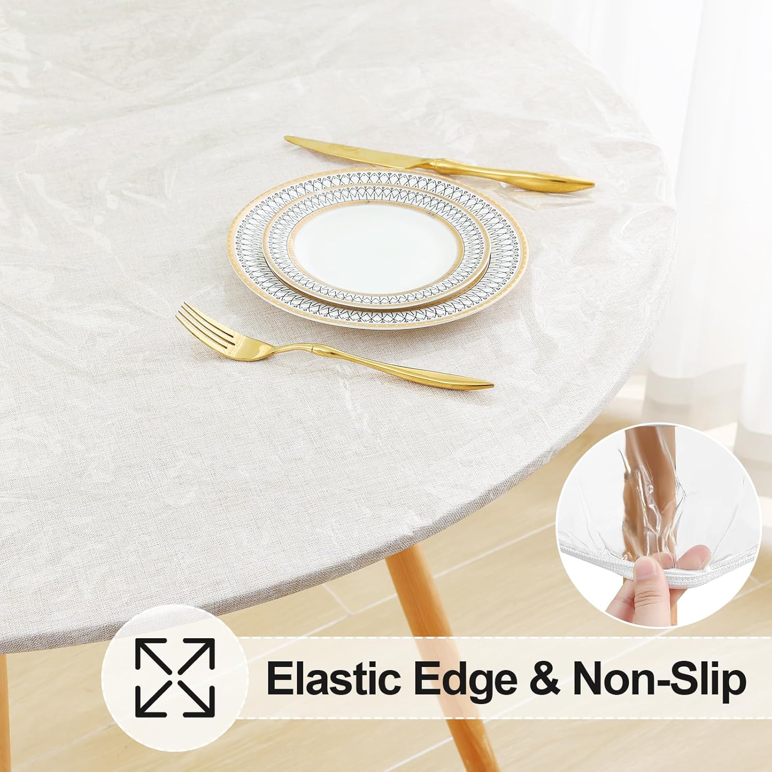 Round Fitted Tablecloth Elastic Edge Waterproof Oil Proof Plastic Table Cover - Picture 265 of 270