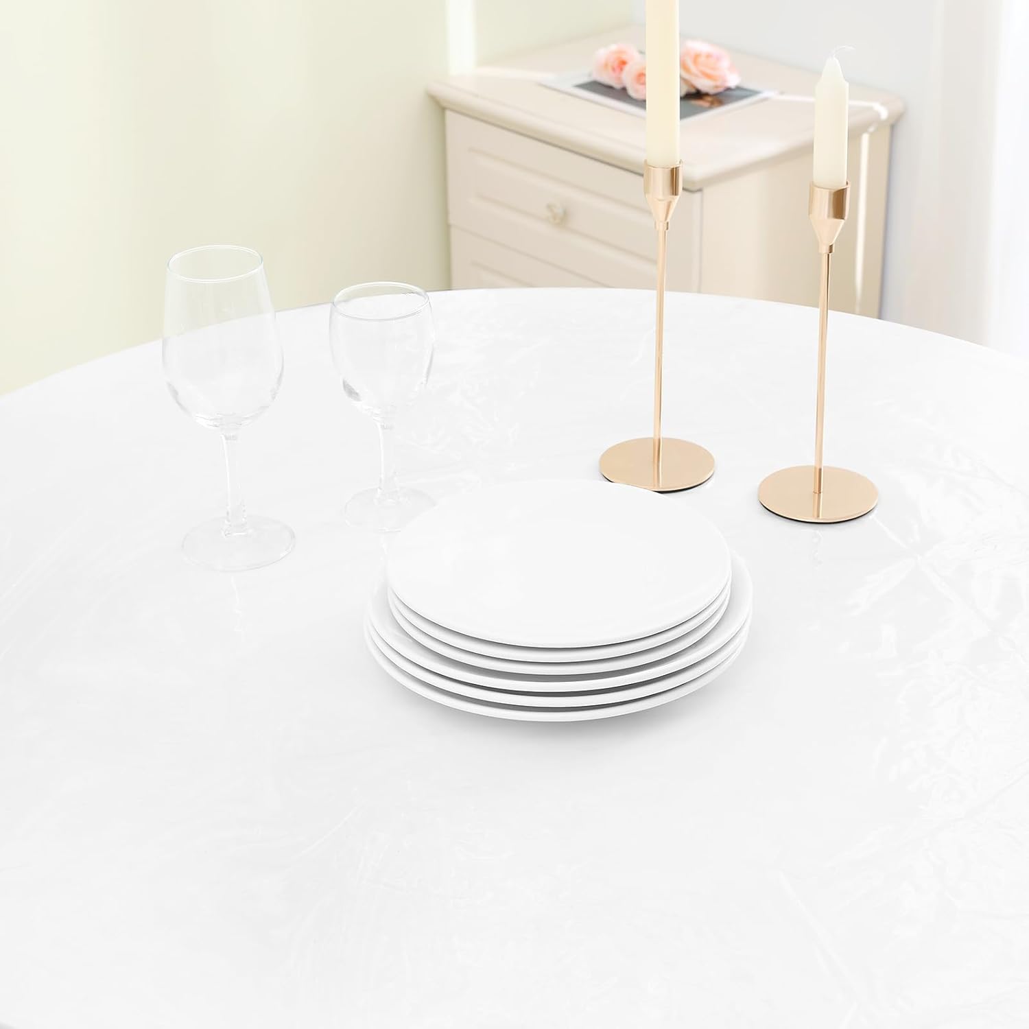 Round Fitted Tablecloth Elastic Edge Waterproof Oil Proof Plastic Table Cover - Picture 270 of 270