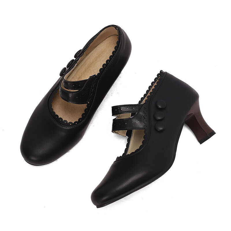 34-48 Spring Fall Womens Mid Block Heel Ladies Retro Carved Pump Shoes Plus Size - Picture 22 of 25