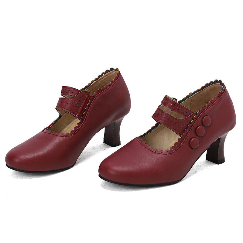 34-48 Spring Fall Womens Mid Block Heel Ladies Retro Carved Pump Shoes Plus Size - Picture 24 of 25