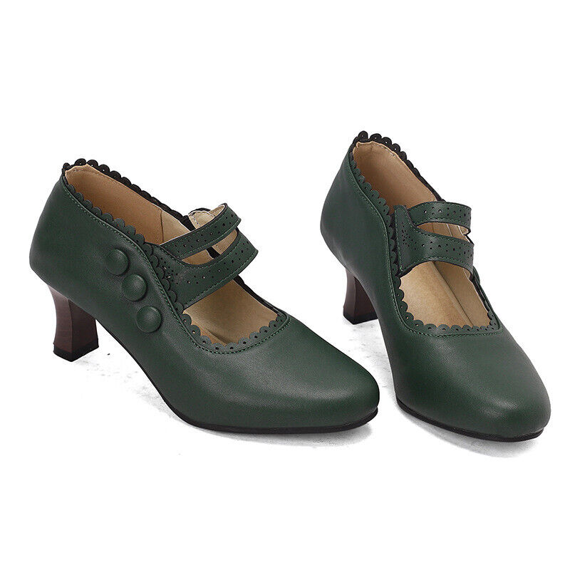 34-48 Spring Fall Womens Mid Block Heel Ladies Retro Carved Pump Shoes Plus Size - Picture 25 of 25