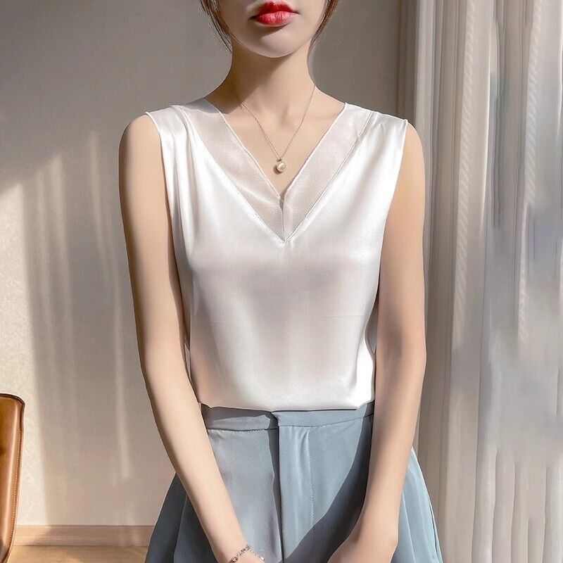 Women's Camisole Glossy Satin Sleeveless Tops Solid V Neck Summer Casual Shirt - Picture 10 of 15