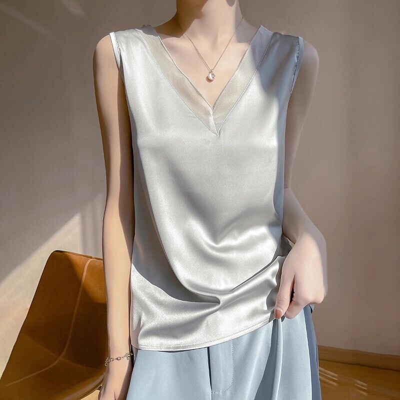 Women's Camisole Glossy Satin Sleeveless Tops Solid V Neck Summer Casual Shirt - Picture 12 of 15